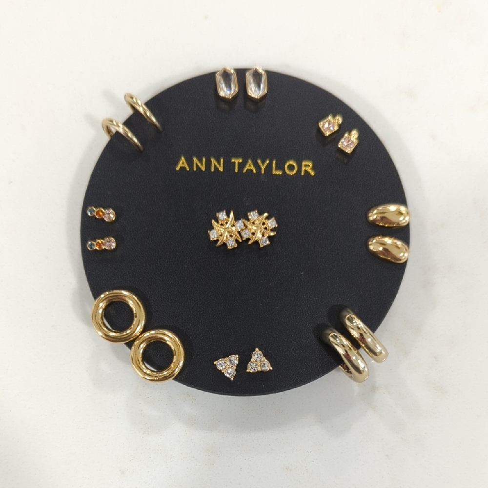 Ann Taylor Gold and Crystal Mixed Earring Set of 9 — Studs & Mini Hoops